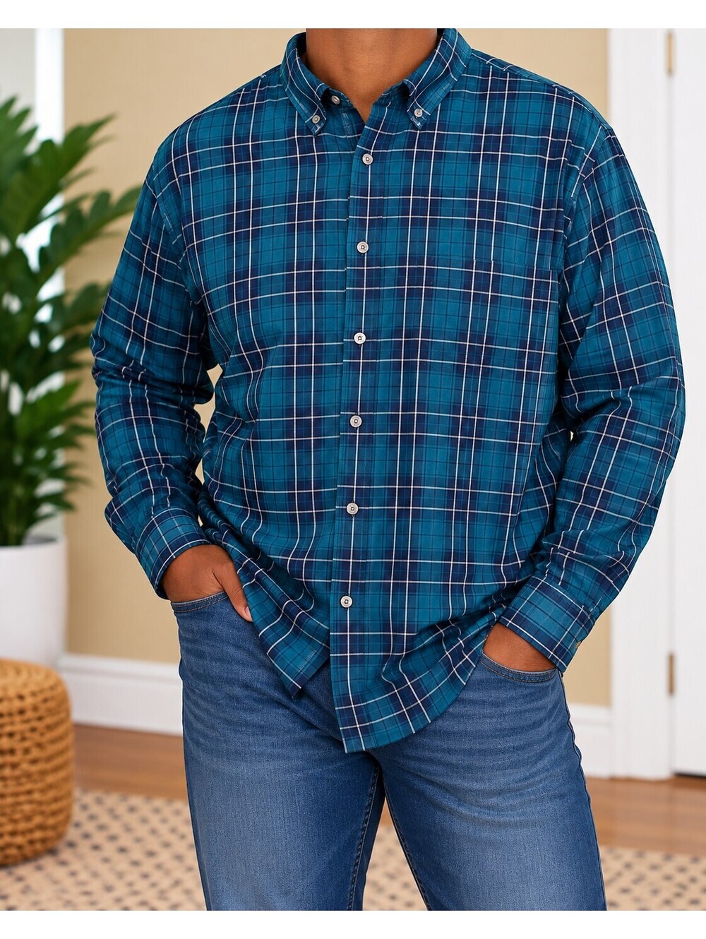 George Men’s 2XL Teal Navy Plaid Long Sleeve Button Down Shirt Classic Fit